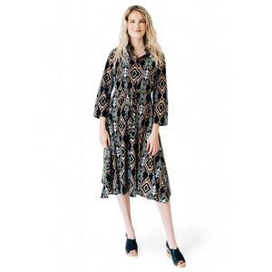 Never A Wallflower Kelli Midi Dress in Black IKAT Long Sleeve Small Boho Western